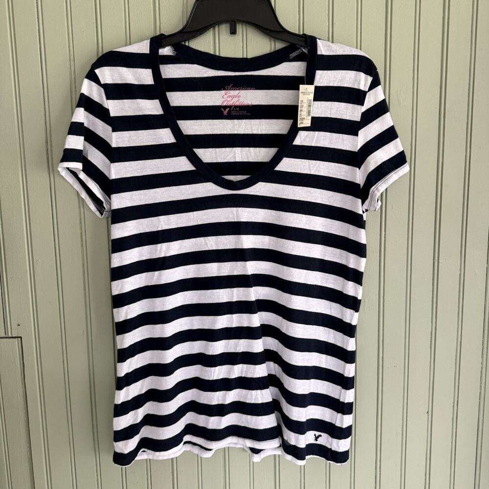 American Eagle Y2K Blue White Striped Women Large V Neck Shirt Preppy Casual New